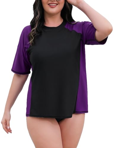 Halcurt Women's Plus Size Rash Guard Short Sleeve Swim Shirt with Built in Bra UPF50+ Sun Protection Swimsuit Top Black Purple Built in Bra 4X - Image 1