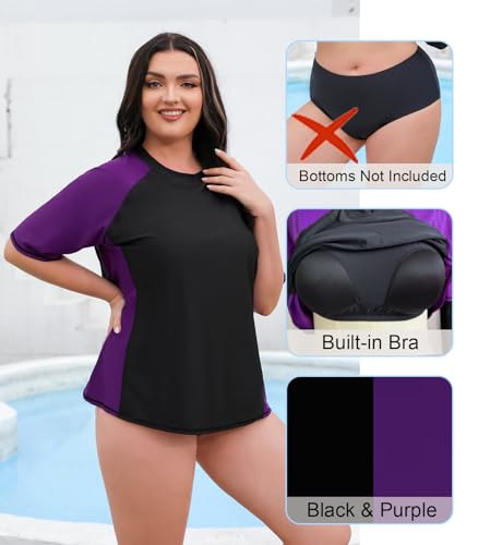 Halcurt Women's Plus Size Rash Guard Short Sleeve Swim Shirt with Built in Bra UPF50+ Sun Protection Swimsuit Top Black Purple Built in Bra 4X - Image 5