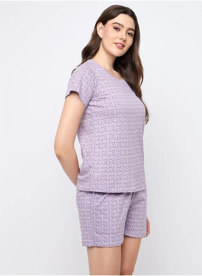 Clovia Printed Round Neck Top and Shorts Pyjama Set by Styli