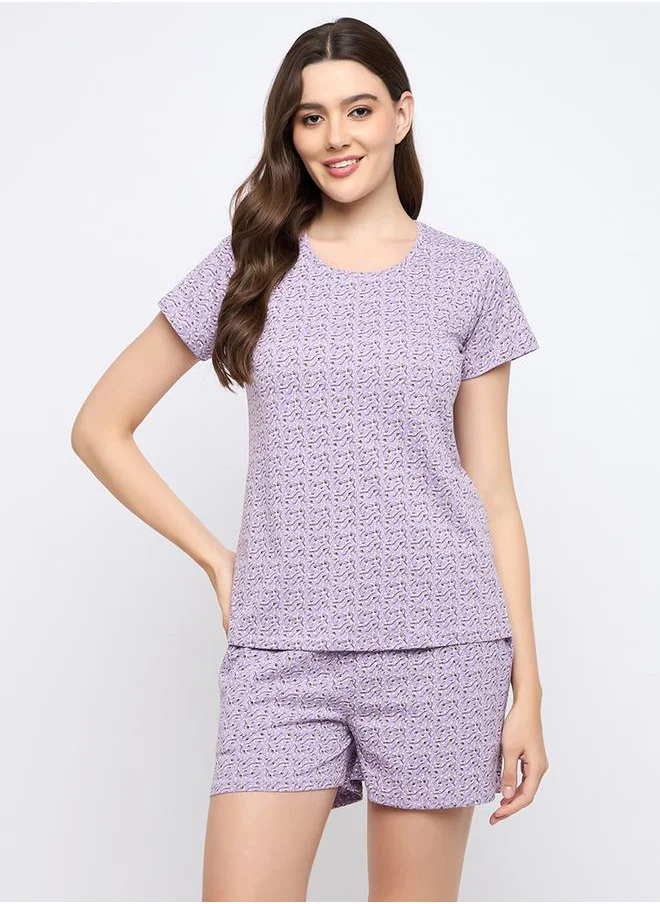 Clovia Printed Round Neck Top and Shorts Pyjama Set