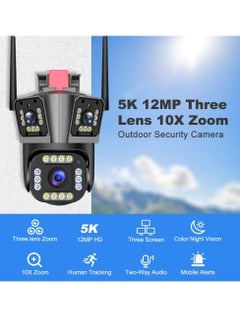 Generic WIFI IP Security Camera, 5k 12mp Waterproof Smart Surveillance Camera With 10x Zoom, Three Lens Three Screen Auto Tracking Outdoor PTZ CCTV Video Camera For Home And Office, (1pc, Black)  - Image 1