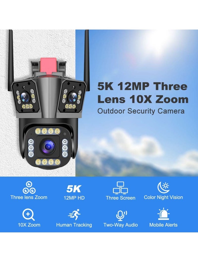 Generic - WIFI IP Security Camera, 5k 12mp Waterproof Smart Surveillance Camera With 10x Zoom, Three Lens Three Screen Auto Tracking Outdoor PTZ CCTV Video Camera For Home And Office, (1pc, Black) - Image 1