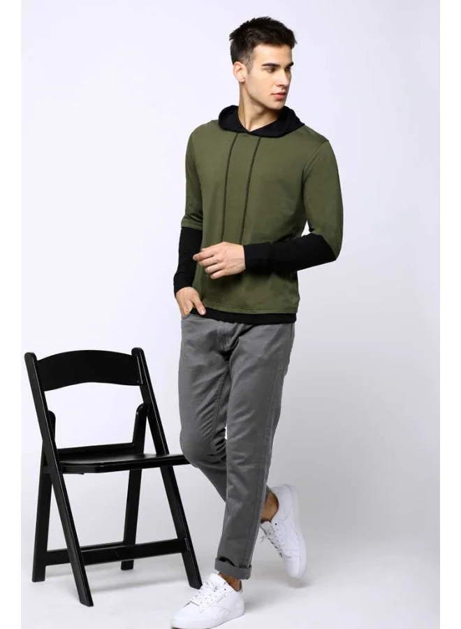 Maniac Color Block Men's Fullsleeve Hooded Olive Cotton Tshirt