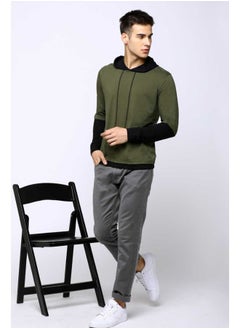 Maniac Color Block Men's Fullsleeve Hooded Olive Cotton Tshirt  - Image 4