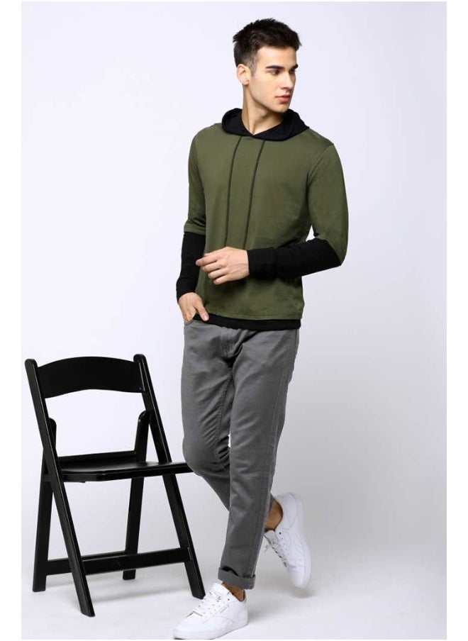 Maniac Color Block Men's Fullsleeve Hooded Olive Cotton Tshirt  - Image 4
