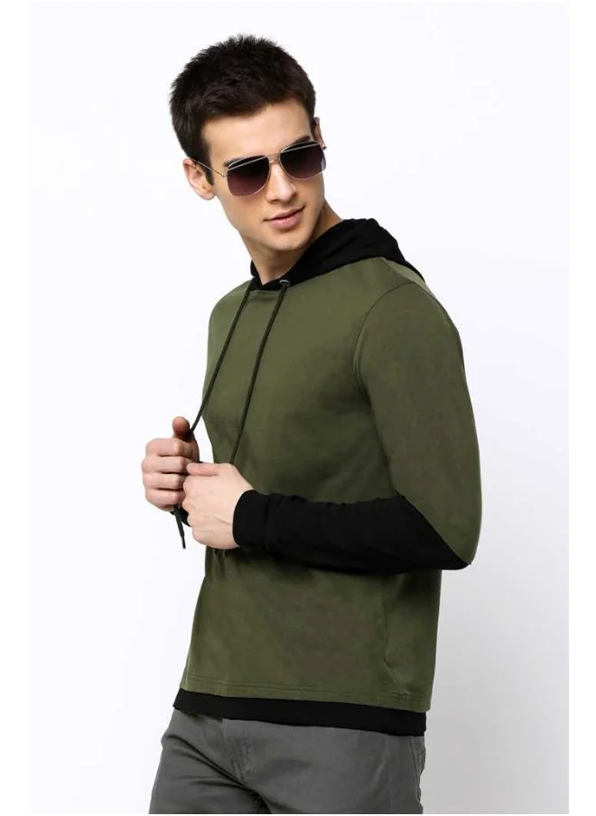 مانياك Color Block Men's Fullsleeve Hooded Olive Cotton Tshirt