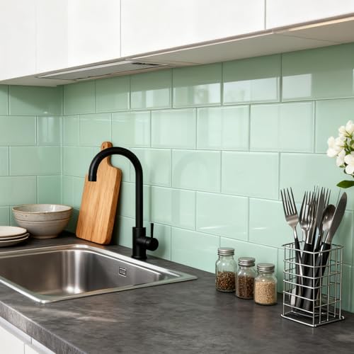 Adedeo Peel and Stick Glass Subway Tiles 3 x 6 Inch Glass Tiles for Backsplash Kitchen Bathroom Backsplash Wall Light Green Pack of 40 Pieces 5sqft - Image 3