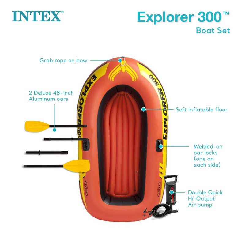 INTEX 58332EP Explorer 300 Inflatable Boat Set: Includes Deluxe Boat Oars and Mini Hand Pump – Dual Air Chambers – Grab Rope – 3-Person – 410lb Weight Capacity - Image 4