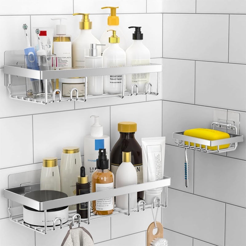 Moforoco 3-Pack Shower Caddy Basket Shelf with Soap Holder, No Drilling Traceless Adhesive Shower Wall Shelves, Rustproof Silver Bathroom Shower Storage Organizer - Image 1