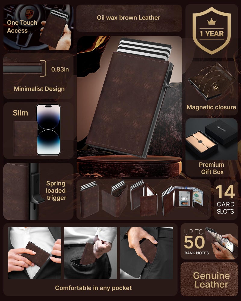 typecase Mens Wallet Card Holder: Pop Up Aluminum Case, Genuine Leather, Smart, RFID Blocking, Slim, Minimalist, Front Pocket - 9-14 Card Capacity | ID Window | Cash Slot - Oil Wax Brown - Image 2