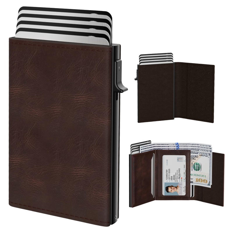 typecase Mens Wallet Card Holder: Pop Up Aluminum Case, Genuine Leather, Smart, RFID Blocking, Slim, Minimalist, Front Pocket - 9-14 Card Capacity | ID Window | Cash Slot - Oil Wax Brown - Image 1
