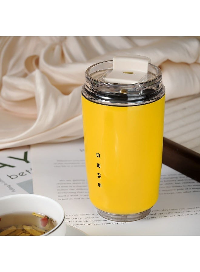 سميج كوب قهوة للسفر من Smeg، كوب معزول للمشروبات مع غطاء مضاد للتسرب، كوب قهوة طويل الأمد مع غطاء، ترمس قهوة للسفر (أصفر) - Image 1