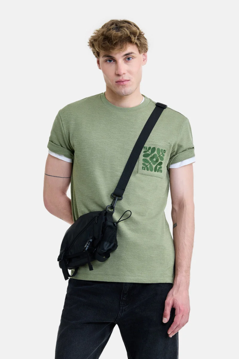 SNITCH Sage Green Embroidered Half Sleeve Regular Fit T-Shirt