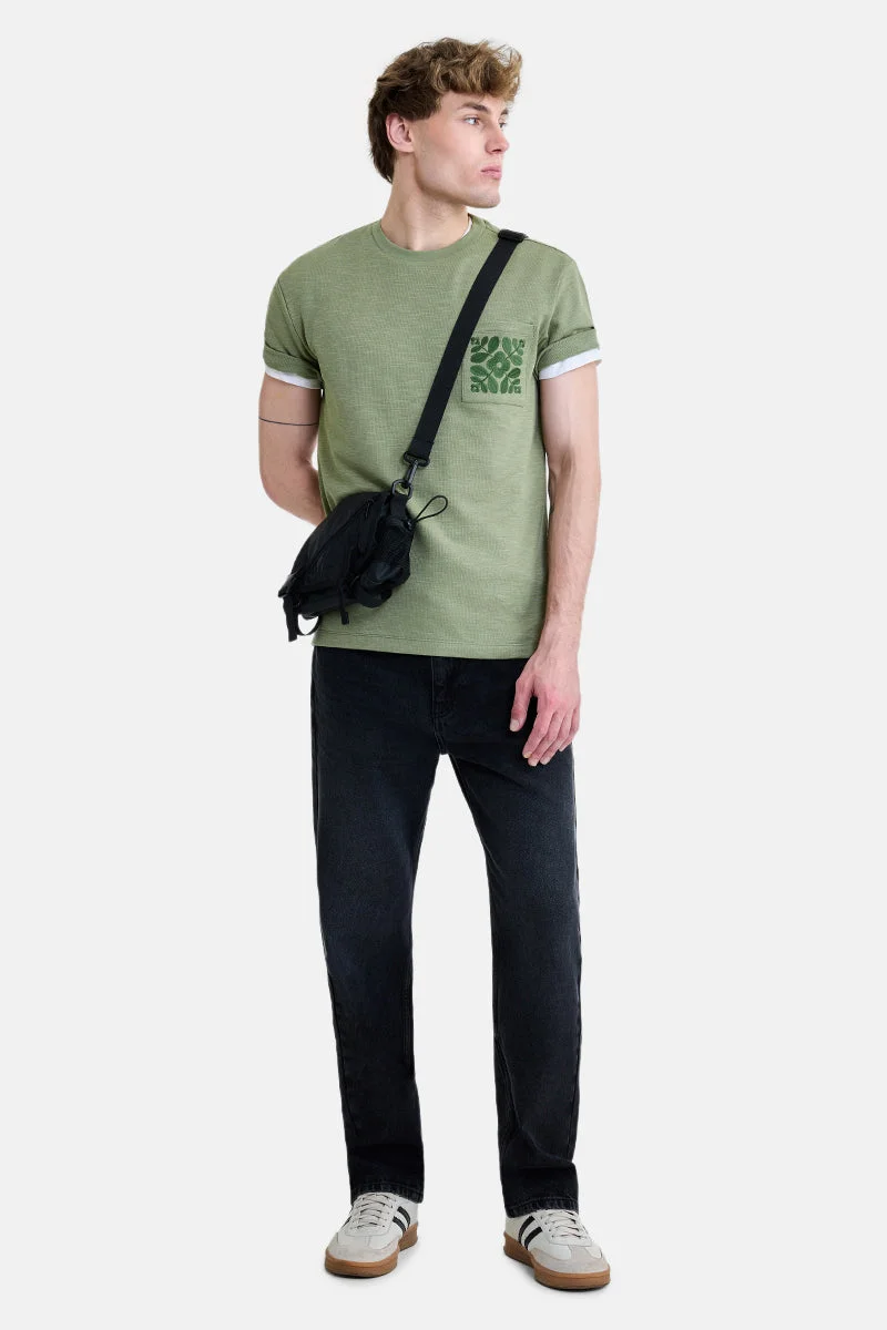SNITCH Sage Green Embroidered Half Sleeve Regular Fit T-Shirt