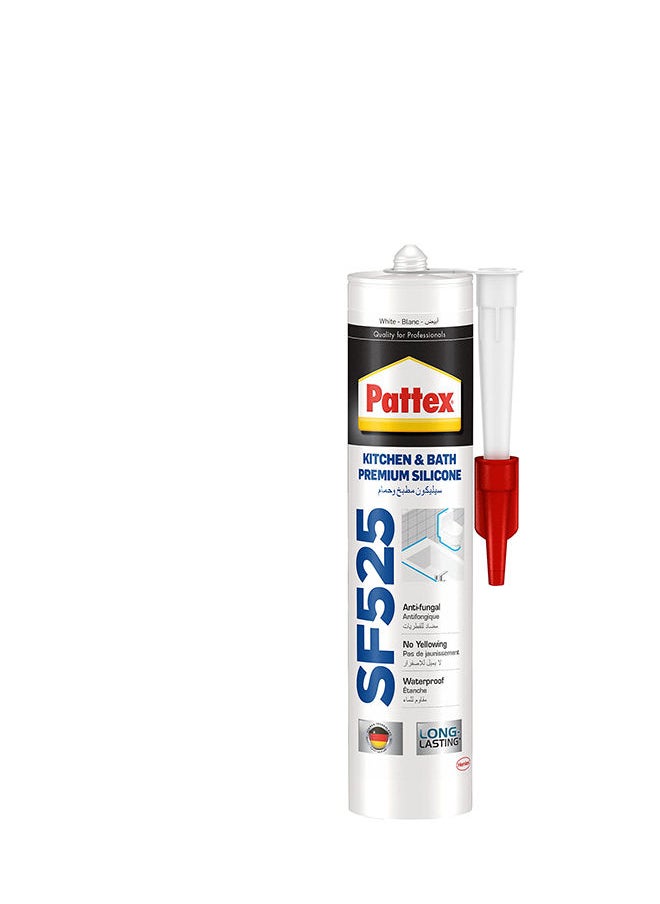 Pattex مانع تسرب السيليكون الفاخر للمطبخ والحمام من باتكس SF525، مقاوم للعفن، مثالي للاستحمام والمراحيض والبلاط، مانع تسرب سهل للحمام ومانع تسرب للمطبخ، خرطوشة 1 × 280 مل 