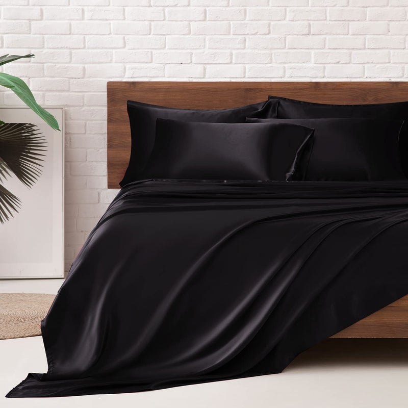 MRHM Satin Bed Sheets Full Size Sheets Set 6 Pcs Silky Bedding Set with 15 Inches Deep Pocket for MattressFull Black