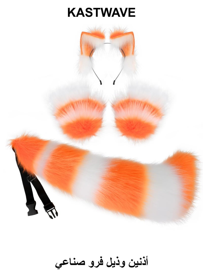 KASTWAVE Faux Fur Cat Ears and Wolf Fox Tail Set, Cosplay Costume Faux Fur Hair Clip Headdress Anime Cosplay Party (Orange) - Image 1