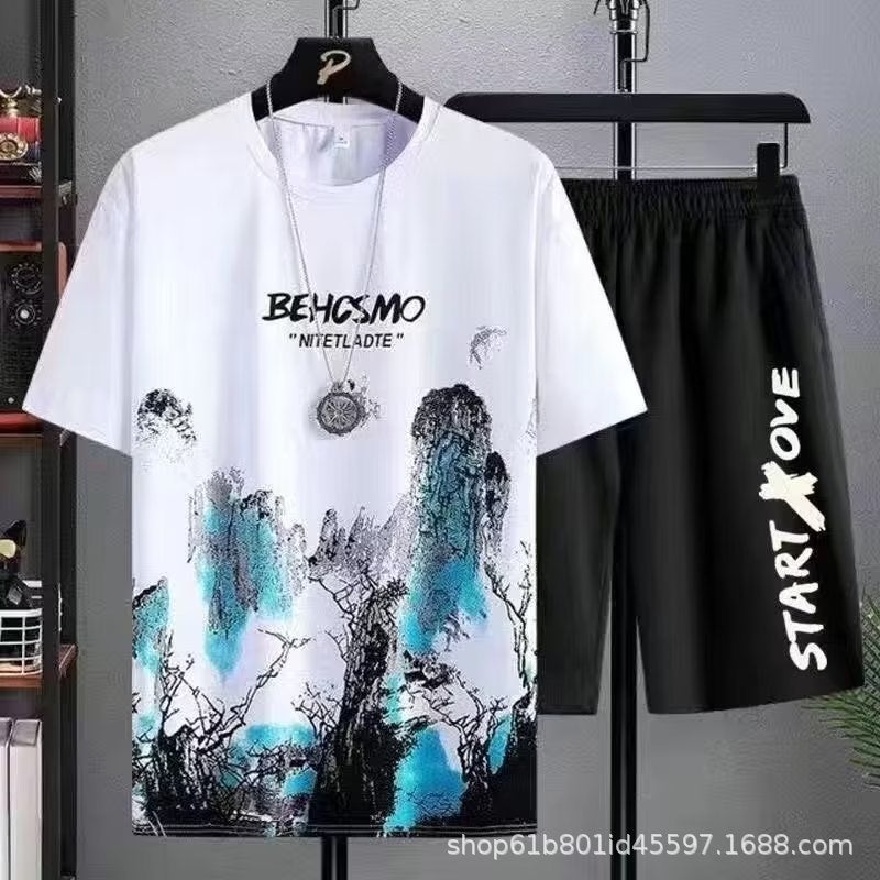 Youth summer casual suit men's thin quick-drying ice silk short-sleeved T-shirt home wear sports shorts two-piece set - Image 1