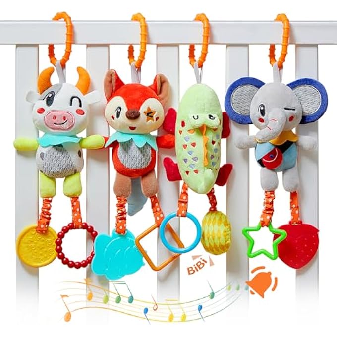 BABY SOFT HANGING RATTLE TOYS GIFT SET SENSORY ANIMALS RATTLE TOY CAR SEAT STROLLER COT PRAM ACTIVITY 0, 3, 6, 9, 12 MONTHS NEWBORN TODDLER BIRTHDAY GIFTS(4 PACK) - Image 1