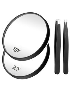 Magnifying Mirror, 3.5 Inch 20X Mirror & 10X Magnifier Mirrors with 2 Suction Cups, Small Travel Magnifying Mirror and Tweezers Kit for Eyebrow Tweezing, Blackhead Blemish Removal (Black)