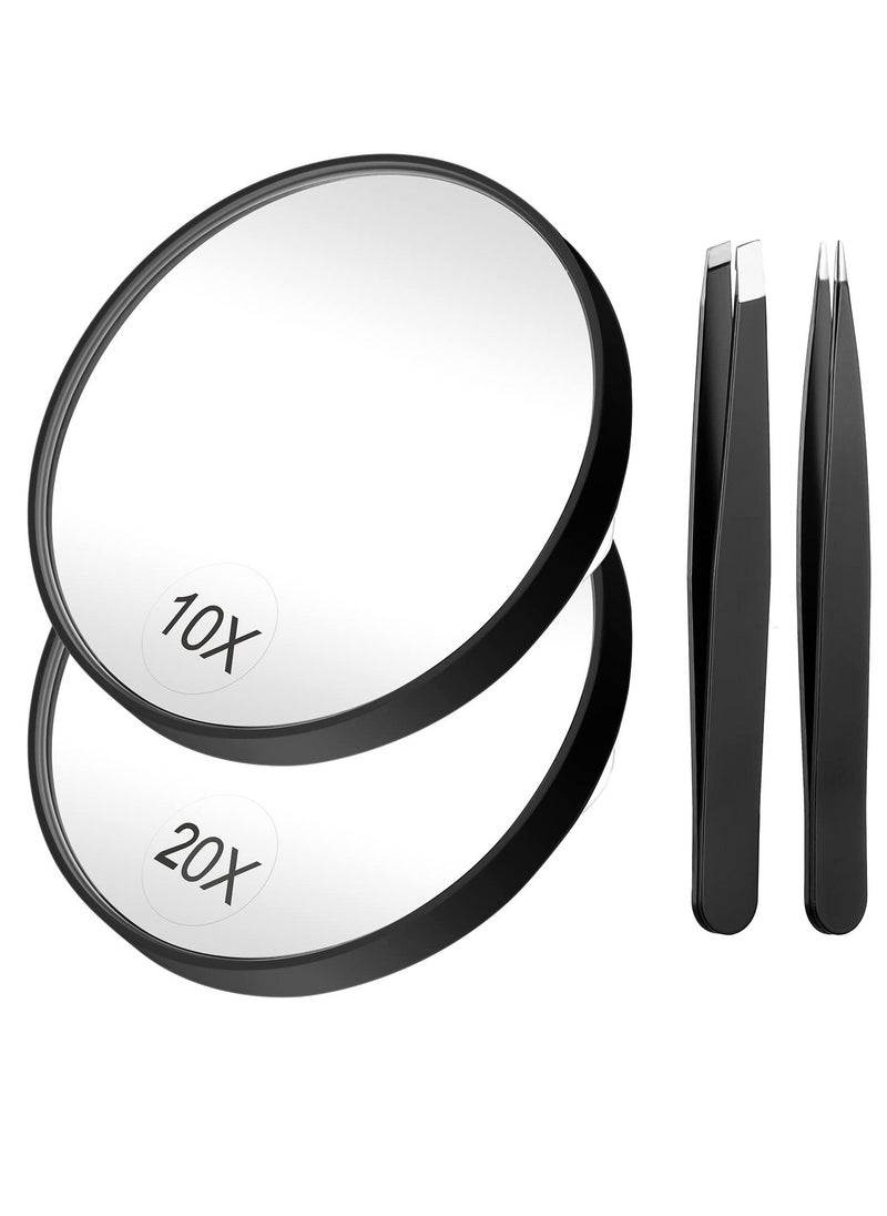 KASTWAVE - Magnifying Mirror, 3.5 Inch 20X Mirror & 10X Magnifier Mirrors with 2 Suction Cups, Small Travel Magnifying Mirror and Tweezers Kit for Eyebrow Tweezing, Blackhead Blemish Removal (Black) - Image 1