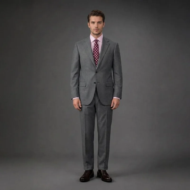 دوبل غانغر Single-breasted men's suit with classic single-pleat trousers, in pure combed wool with herringbone weave - Grey