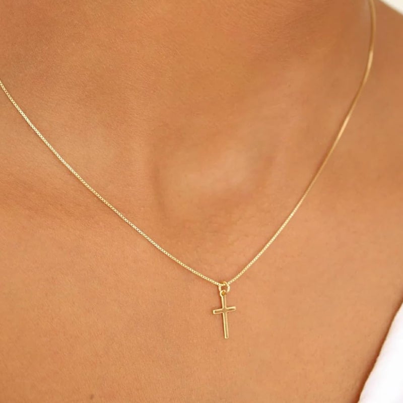 Rotnso Cross Necklace for Women 14K Gold Plated Dainty Small Cross Pendant Choker Simple Trendy Cute Cross Charm Box Chain Necklace Easter Basket Stuffers Baptism Religious Faith Jewelry Gift - Image 3