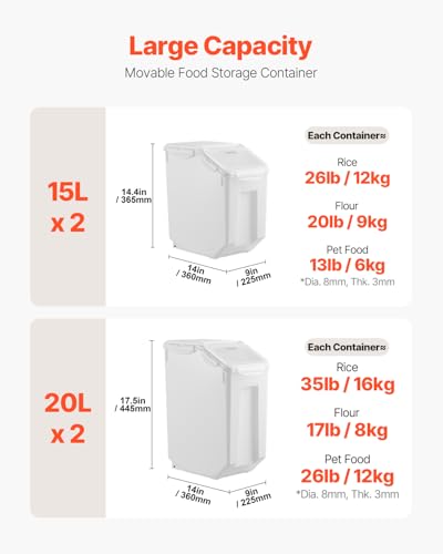 VEVOR Rice Storage Container 35Gal15Lx2 45Gal20Lx2 Large Dog Food Dispenser Bin Kitchen Ingredient Grain Cereal Bin Pet food Containers with Wheels 4 Measuring Cups Airtight Lid 4 Pack - Image 3