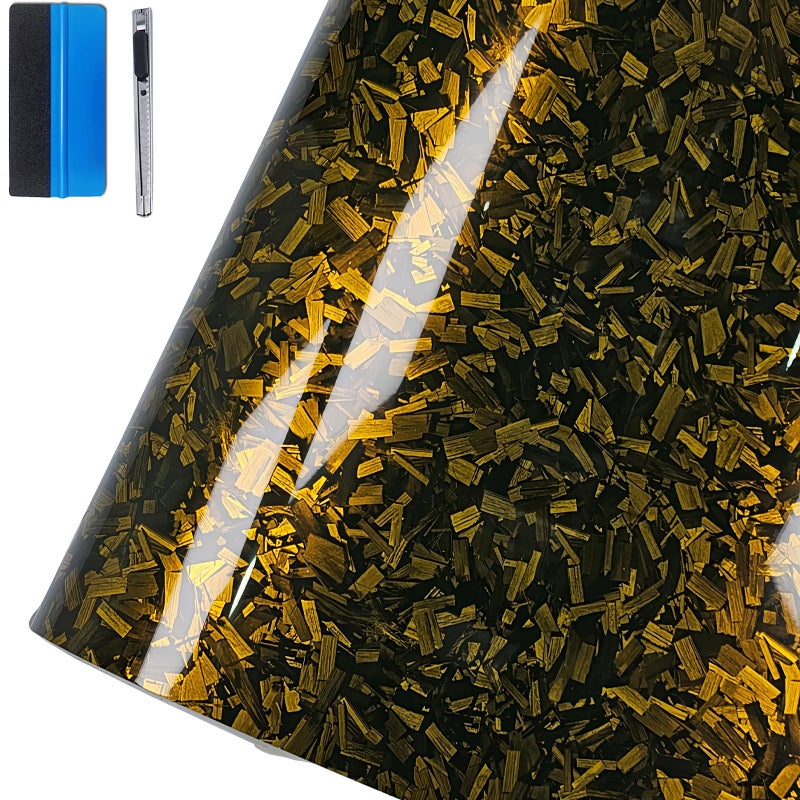 لفائف فينيل لزجة من ألياف الكربون المزورة باللون الأسود مع ملصقات لإطلاق الهواء 1 قدم × 35 قدم ذهبي