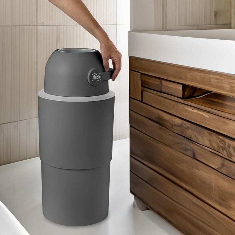 Chicco Nappy Bin XXL Odour Control Compact and Space-Saving Nappy Disposal with 15 Odour-Off Bags, No Refill Needed, Use Normal Bags, Grey - Image 1