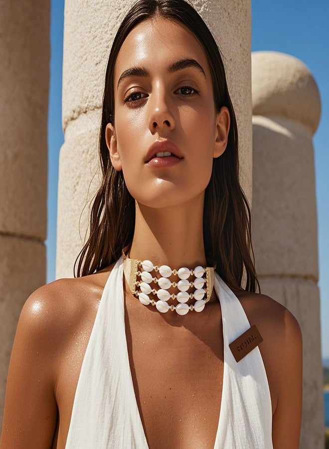 بوكار قلادة بوكار المميزة المصنوعة من صدفة البحر للنساء، قلادة شاطئية مصنوعة من صدفة المياه العذبة الطبيعية السميكة (NK-10786-بيج) - Image 3