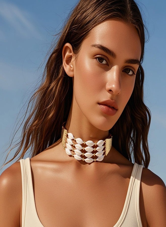 بوكار قلادة بوكار المميزة المصنوعة من صدفة البحر للنساء، قلادة شاطئية مصنوعة من صدفة المياه العذبة الطبيعية السميكة (NK-10786-بيج) - Image 2