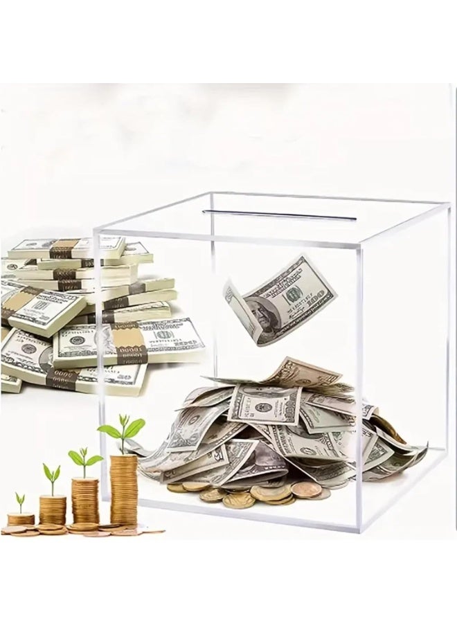 ARS Acrylic Piggy Bank Break to Open Square Money Box for Adults Acrylic Money Saving Box, coin box, best gifts for kids, Transparent box (DESIGN (A), 30 * 30 * 30) - Image 1