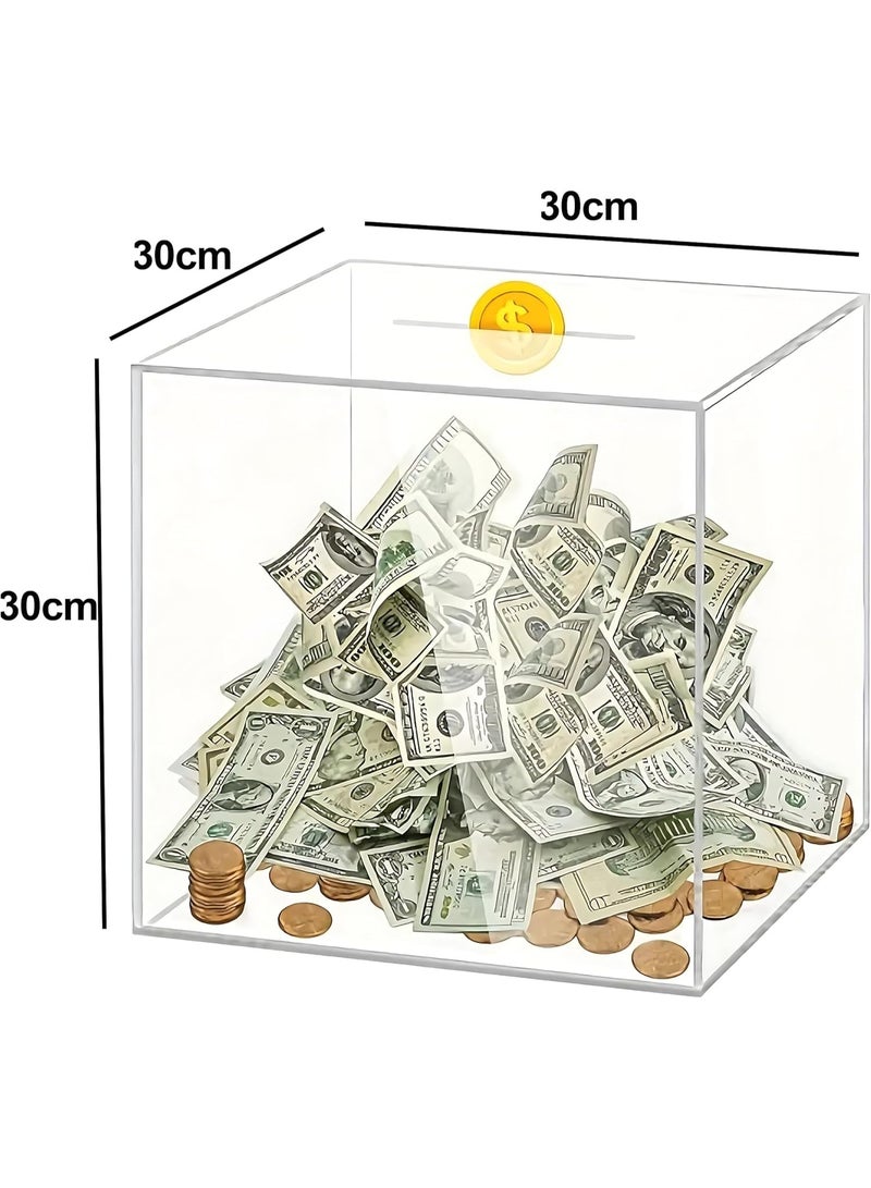 ARS Acrylic Piggy Bank Break to Open Square Money Box for Adults Acrylic Money Saving Box, coin box, best gifts for kids, Transparent box (DESIGN (A), 30 * 30 * 30) - Image 2