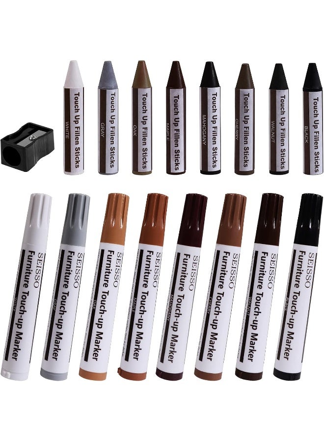 SEISSO Furniture Markers Touch Up - Set of 17 - Furniture Scratch Repair Markers Kit, Wood Touch Up Markers and Wax Sticks with Sharpener, for Scratches, Stains, Floors, Laminate, Cabinet - Image 1