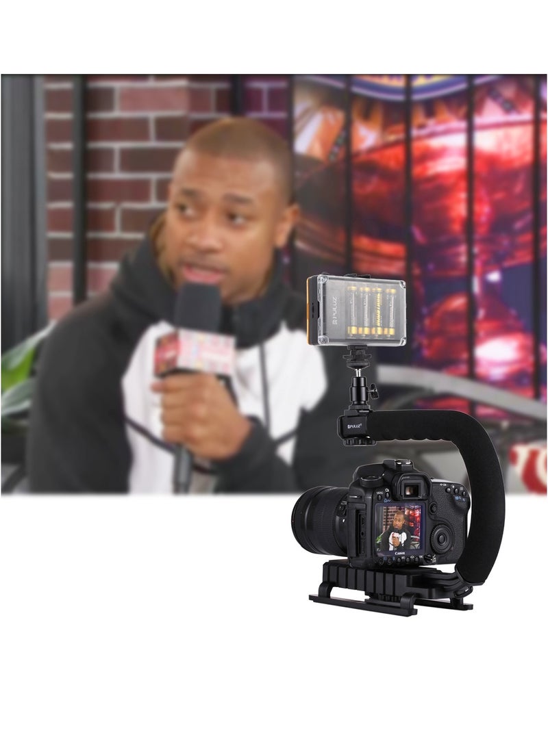 PULUZ - U/C Shape Portable Handheld Camera Bracket Stabilizer with LED Studio Light,1/4 inch Gimbal and Phone Clamp for SLR Camera Gopro Phone - Image 1