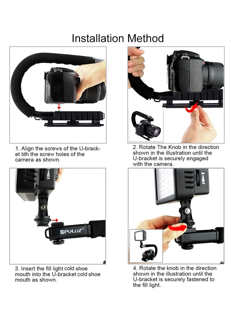 PULUZ - U/C Shape Portable Handheld Camera Bracket Stabilizer with LED Studio Light,1/4 inch Gimbal and Phone Clamp for SLR Camera Gopro Phone - Image 1