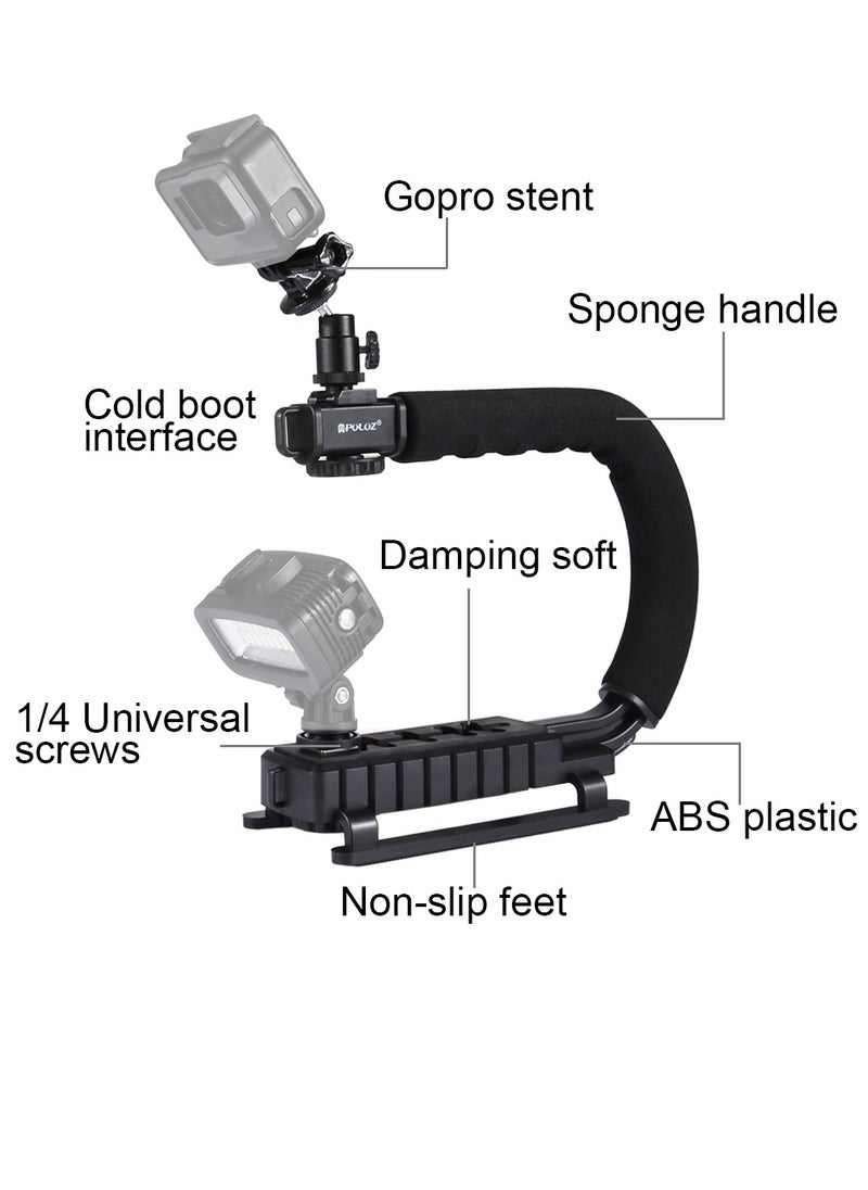 PULUZ - U/C Shape Portable Handheld Camera Bracket Stabilizer with LED Studio Light,1/4 inch Gimbal and Phone Clamp for SLR Camera Gopro Phone - Image 1