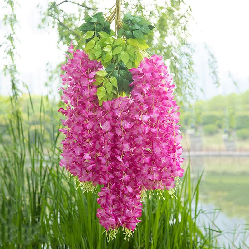 WEISPARK Fake Hanging Flowers - 12 Pieces 3.75 Feet/Piece Artificial Wisteria Vine Ratta Hanging Garland Silk Flowers for Home Party Wedding Decor (Fuchsia) - Image 1