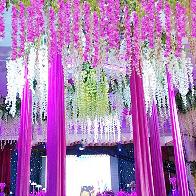 WEISPARK Fake Hanging Flowers - 12 Pieces 3.75 Feet/Piece Artificial Wisteria Vine Ratta Hanging Garland Silk Flowers for Home Party Wedding Decor (Fuchsia) - Image 5