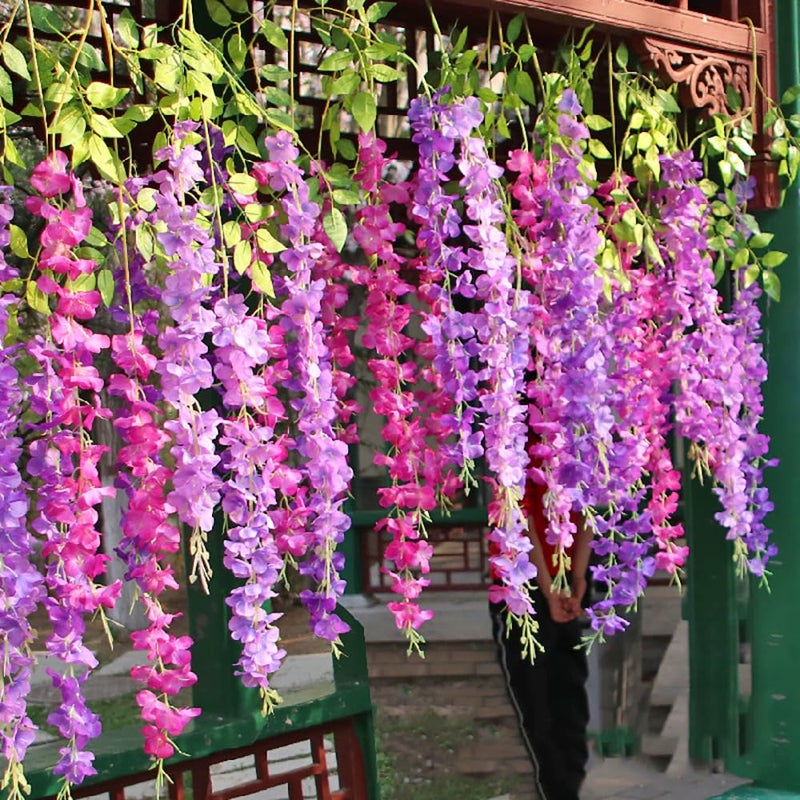 WEISPARK Fake Hanging Flowers - 12 Pieces 3.75 Feet/Piece Artificial Wisteria Vine Ratta Hanging Garland Silk Flowers for Home Party Wedding Decor (Fuchsia) - Image 4