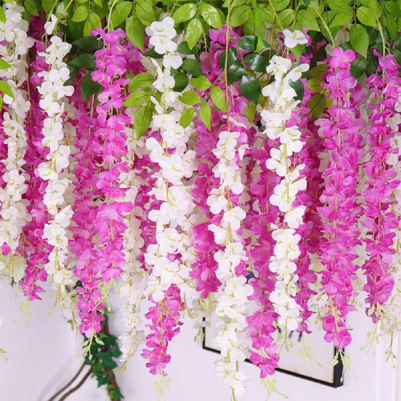 WEISPARK Fake Hanging Flowers - 12 Pieces 3.75 Feet/Piece Artificial Wisteria Vine Ratta Hanging Garland Silk Flowers for Home Party Wedding Decor (Fuchsia) - Image 3