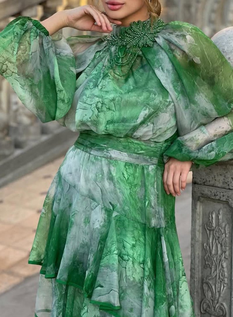 Meilun Green - Gradient Bead - Embroidered High - Neck Lantern - Sleeve Cascading Tiered Ruffled Maxi Dress  - Image 2