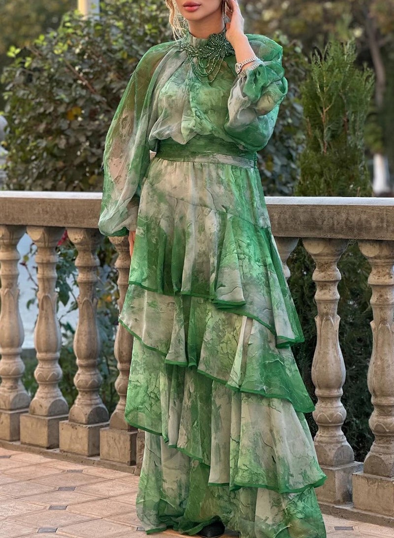 Meilun Green - Gradient Bead - Embroidered High - Neck Lantern - Sleeve Cascading Tiered Ruffled Maxi Dress  - Image 1