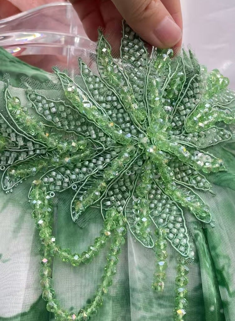 Meilun Green - Gradient Bead - Embroidered High - Neck Lantern - Sleeve Cascading Tiered Ruffled Maxi Dress  - Image 3