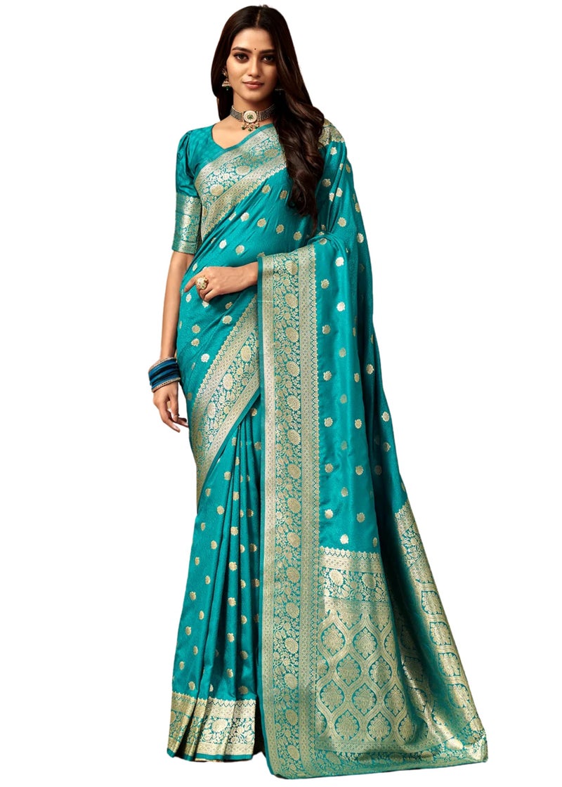 C J Enterprise Women's Banarasi Saree Pure Kanjivaram Silk Saree Soft Design Wear Pattu Sarees Latest Cotton With Blouse Piece Kanchipuram for Wedding sadi new ladies 2025 (Pari 121) (Firozi) - Image 5