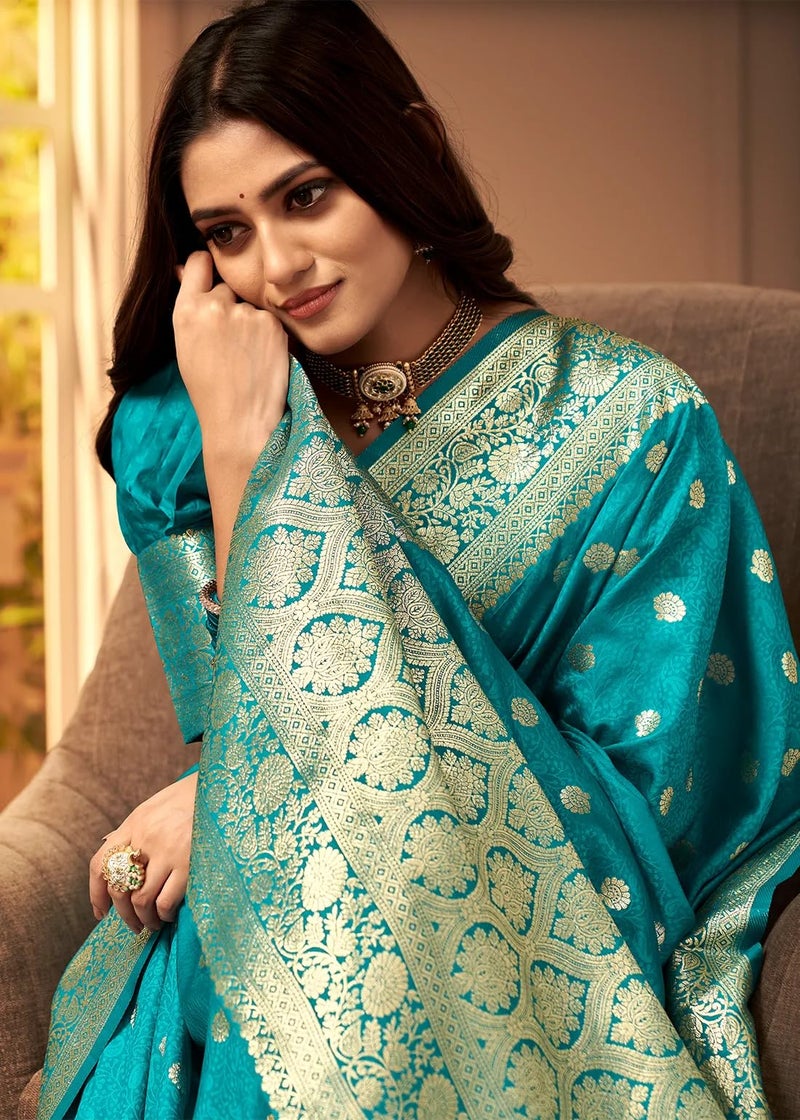 C J Enterprise Women's Banarasi Saree Pure Kanjivaram Silk Saree Soft Design Wear Pattu Sarees Latest Cotton With Blouse Piece Kanchipuram for Wedding sadi new ladies 2025 (Pari 121) (Firozi) - Image 3