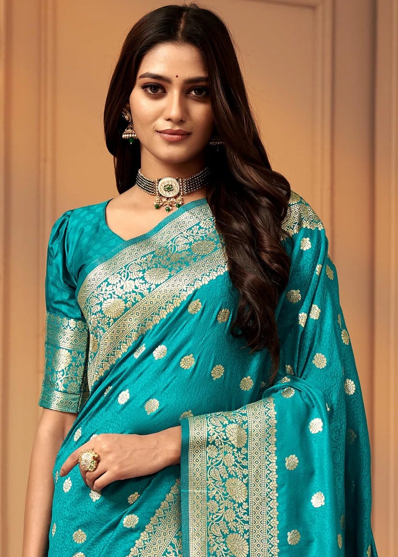 C J Enterprise Women's Banarasi Saree Pure Kanjivaram Silk Saree Soft Design Wear Pattu Sarees Latest Cotton With Blouse Piece Kanchipuram for Wedding sadi new ladies 2025 (Pari 121) (Firozi) - Image 4