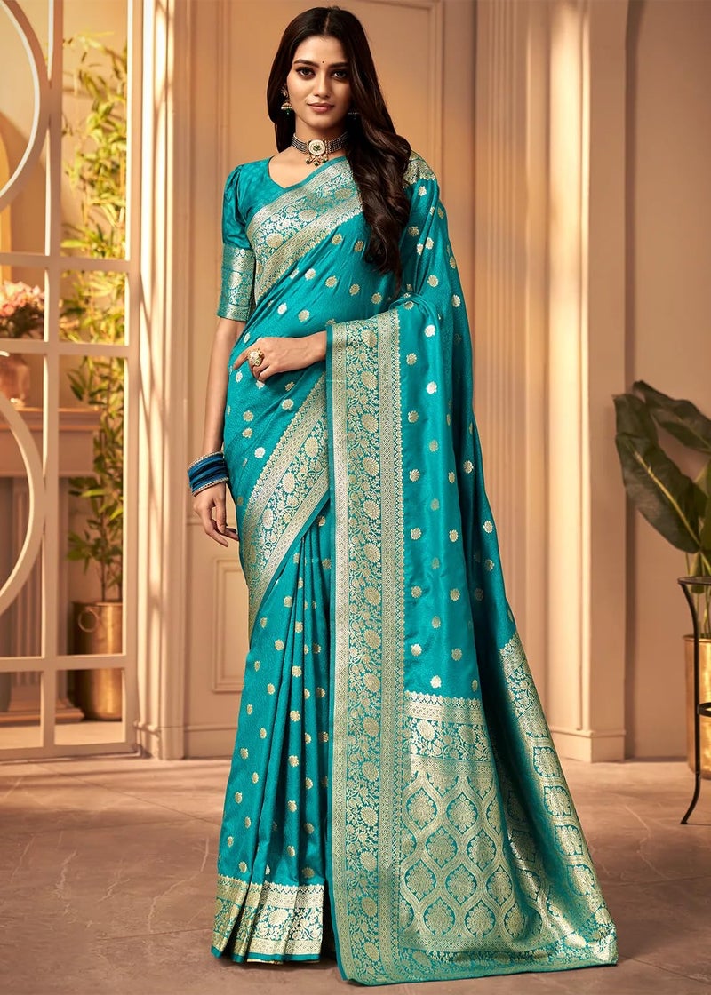 C J Enterprise Women's Banarasi Saree Pure Kanjivaram Silk Saree Soft Design Wear Pattu Sarees Latest Cotton With Blouse Piece Kanchipuram for Wedding sadi new ladies 2025 (Pari 121) (Firozi) - Image 2