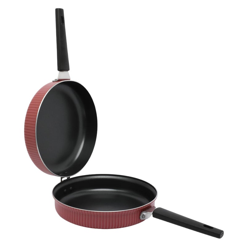 Bister Stripy Classy Double-Sided Omelette Pan 24cm - Red Aluminum Non-Stick Flip Pan with Teflon Coating, Hinged Handles & Clasp Lock - Image 2